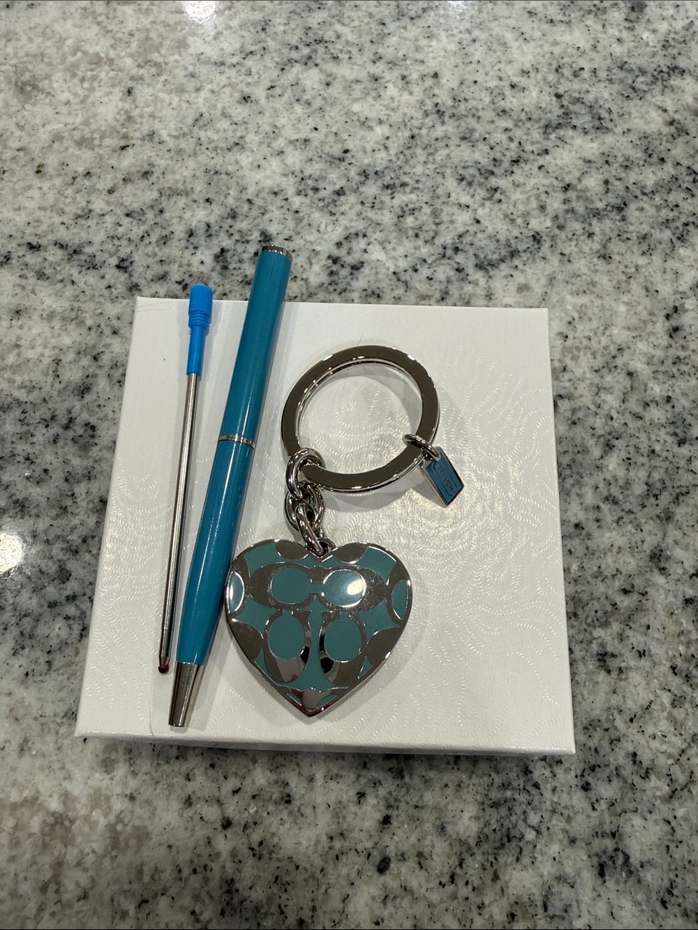 Coach Teal and Silver Heart Keychain Locket With Small Writing Pen